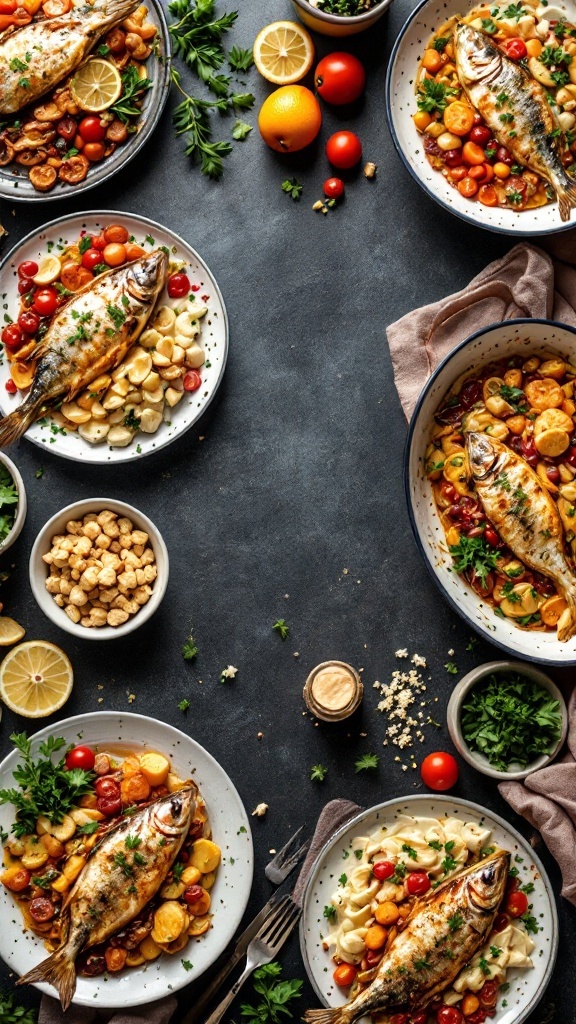 A delicious plate of baked fish with cherry tomatoes and herbs, showcasing Mediterranean flavors.