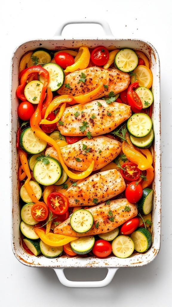A colorful Mediterranean baked fish dish with layers of zucchini, bell peppers, and cherry tomatoes.