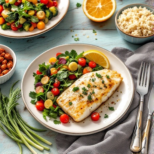 A delicious plate of garlic butter tilapia served with fresh vegetables and lemon.